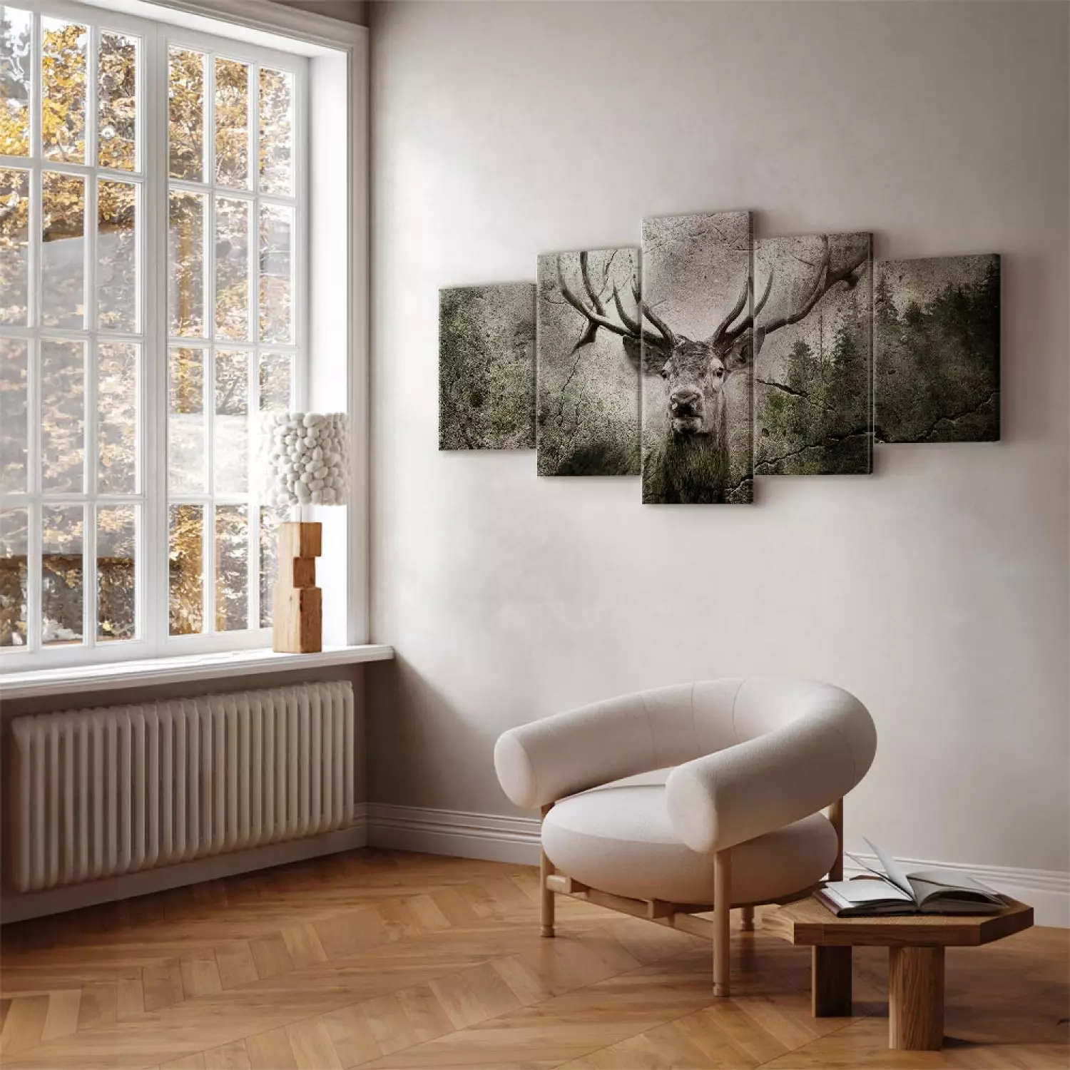 Canvas Art Print Spirit of the Forest (5-piece) Wide - woodland creature and coniferous trees in the background