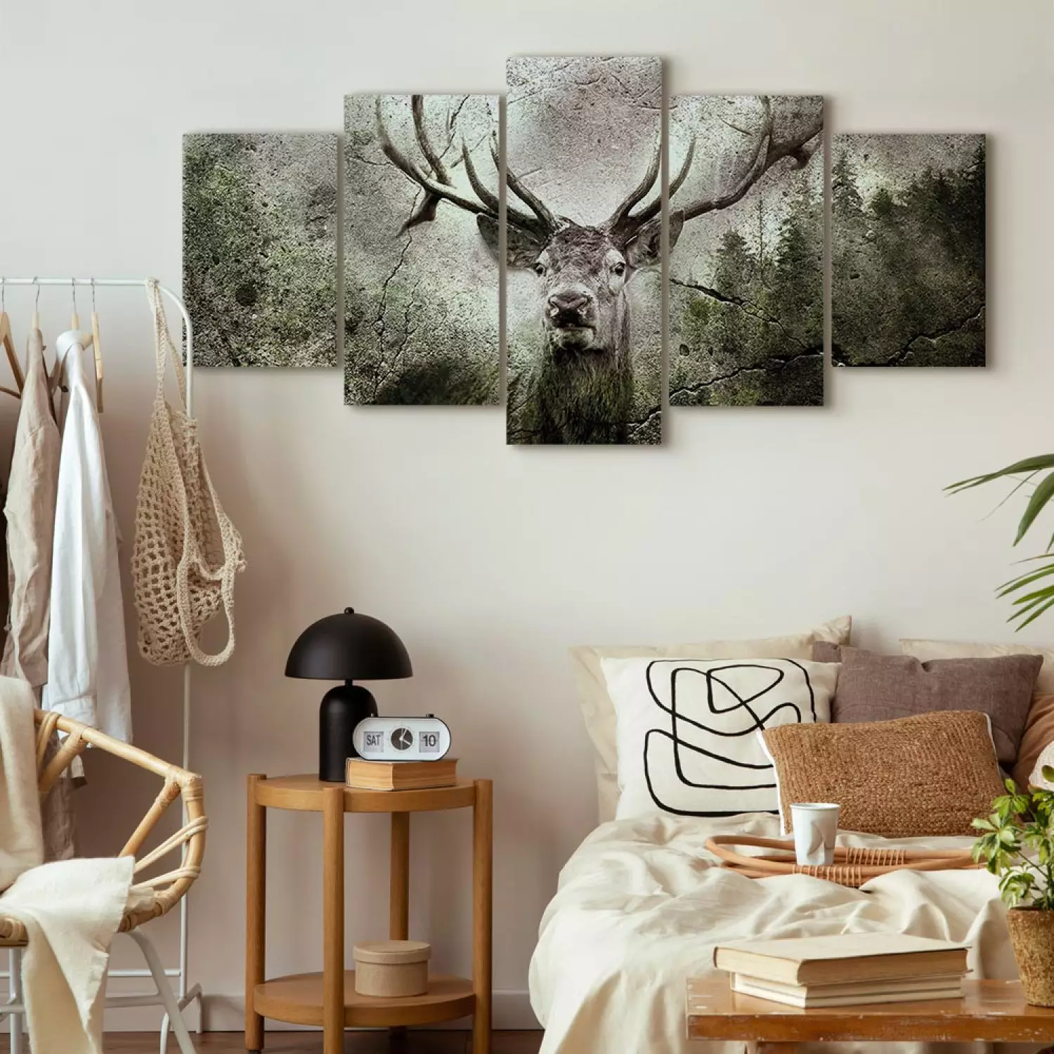 Canvas Art Print Spirit of the Forest (5-piece) Wide - woodland creature and coniferous trees in the background
