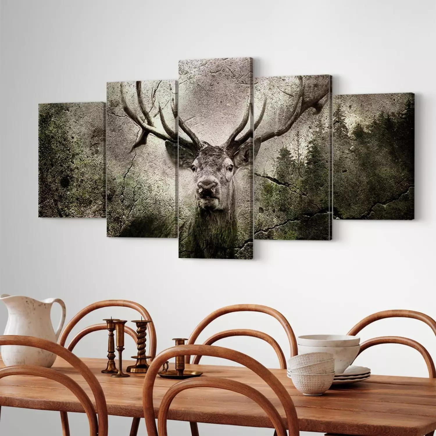 Canvas Art Print Spirit of the Forest (5-piece) Wide - woodland creature and coniferous trees in the background