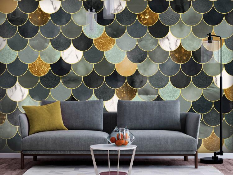 Wall Mural Art deco - regular background in cool colours and with gold elements