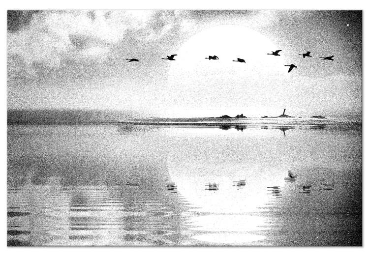 Canvas Flight of Birds over the Lake (1-piece) Wide - black and white landscape