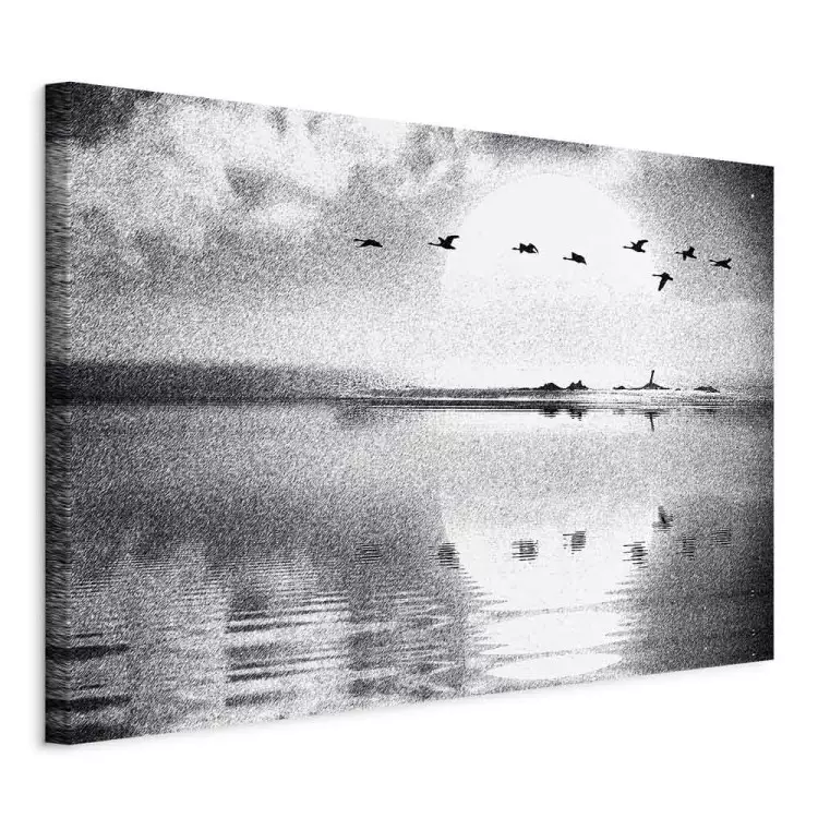 Flight of Birds over the Lake (1-piece) Wide - black and white landscape
