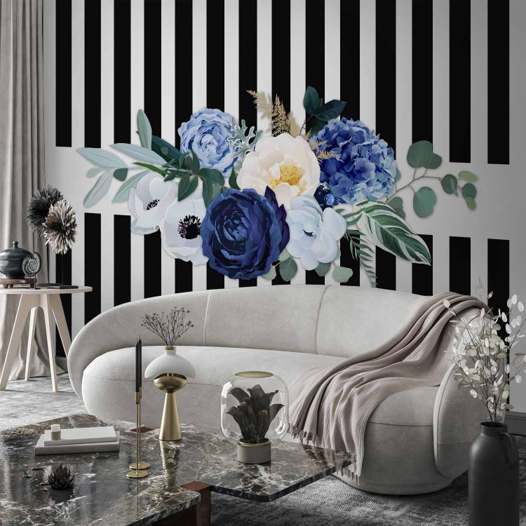 Wall Mural Good pass - motif of blue flowers on a background of black and white stripes