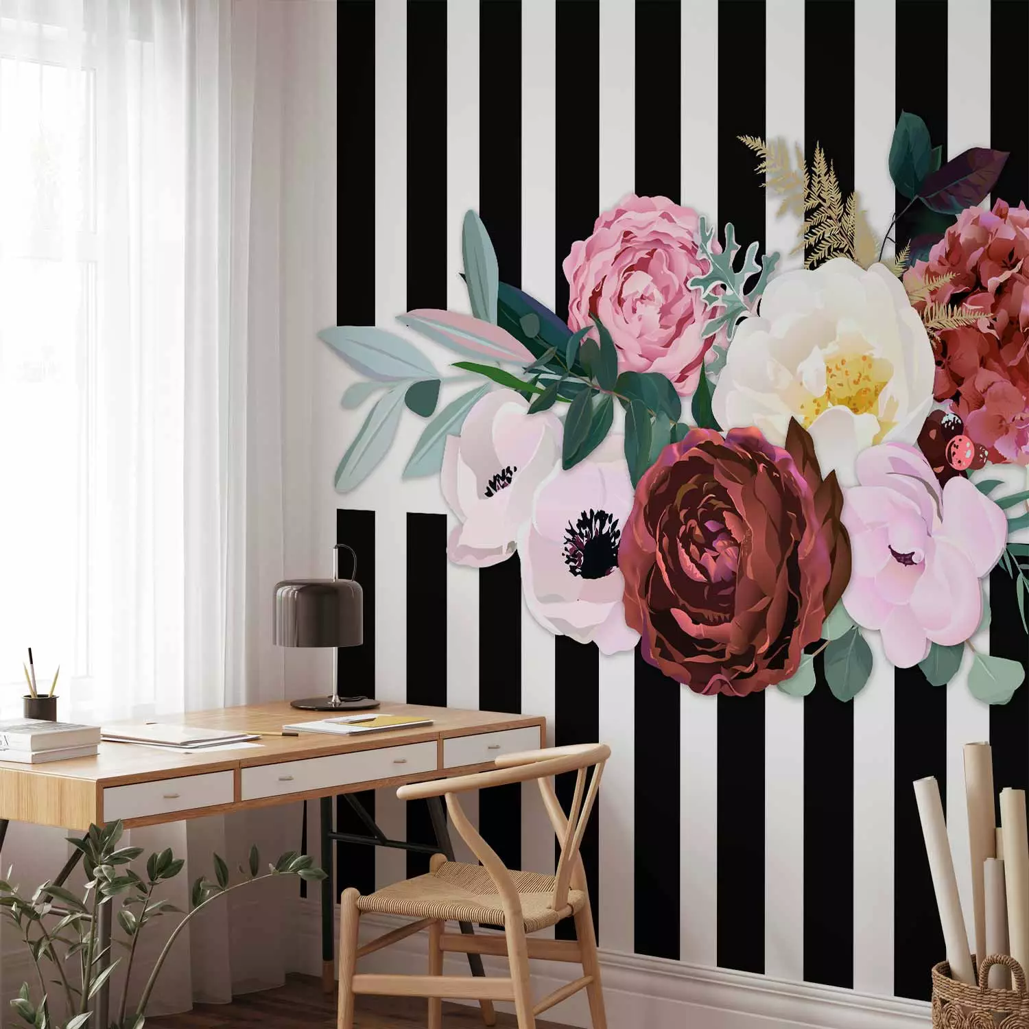 Photo Wallpaper Good pass - motif of pink flowers on a background of black and white stripes