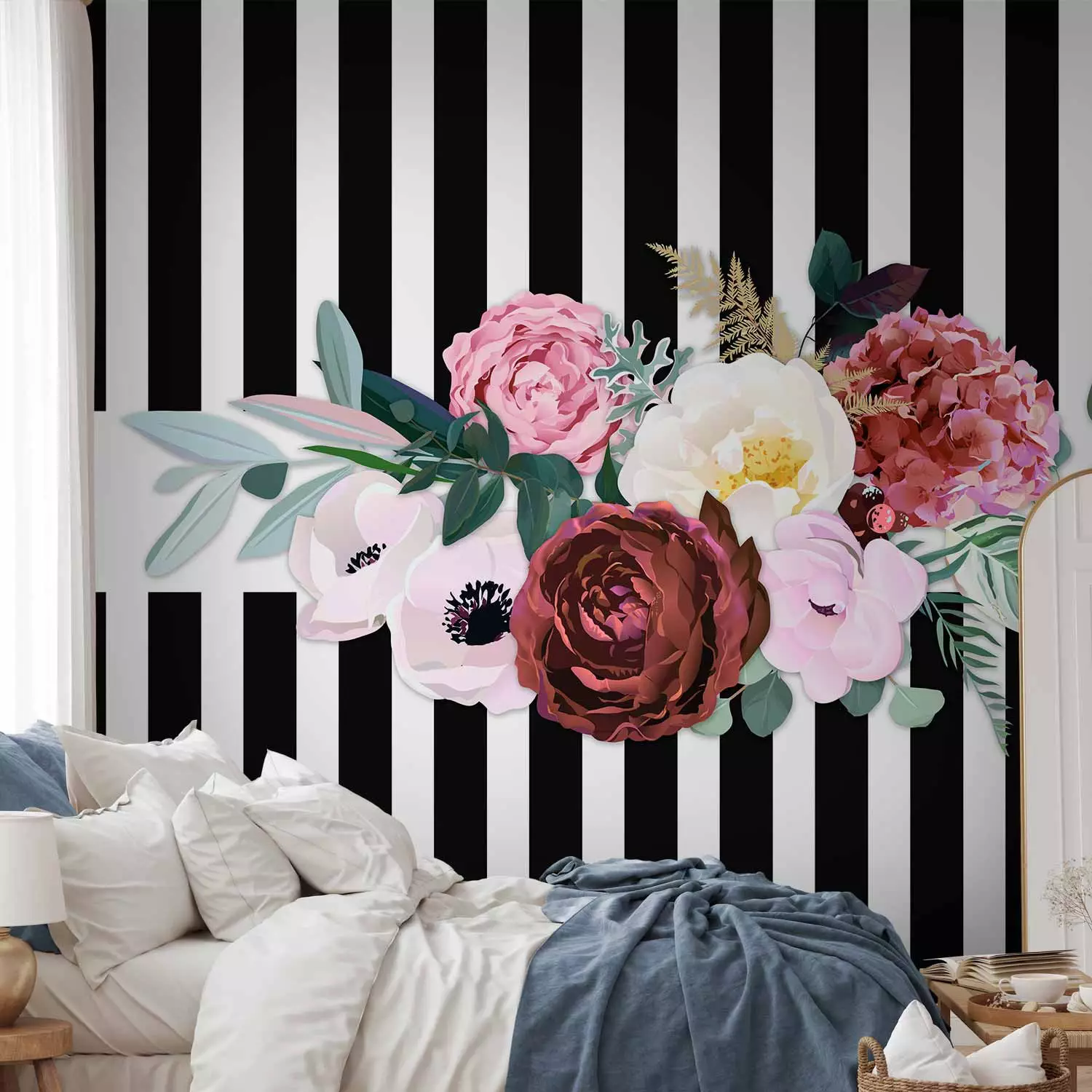 Photo Wallpaper Good pass - motif of pink flowers on a background of black and white stripes