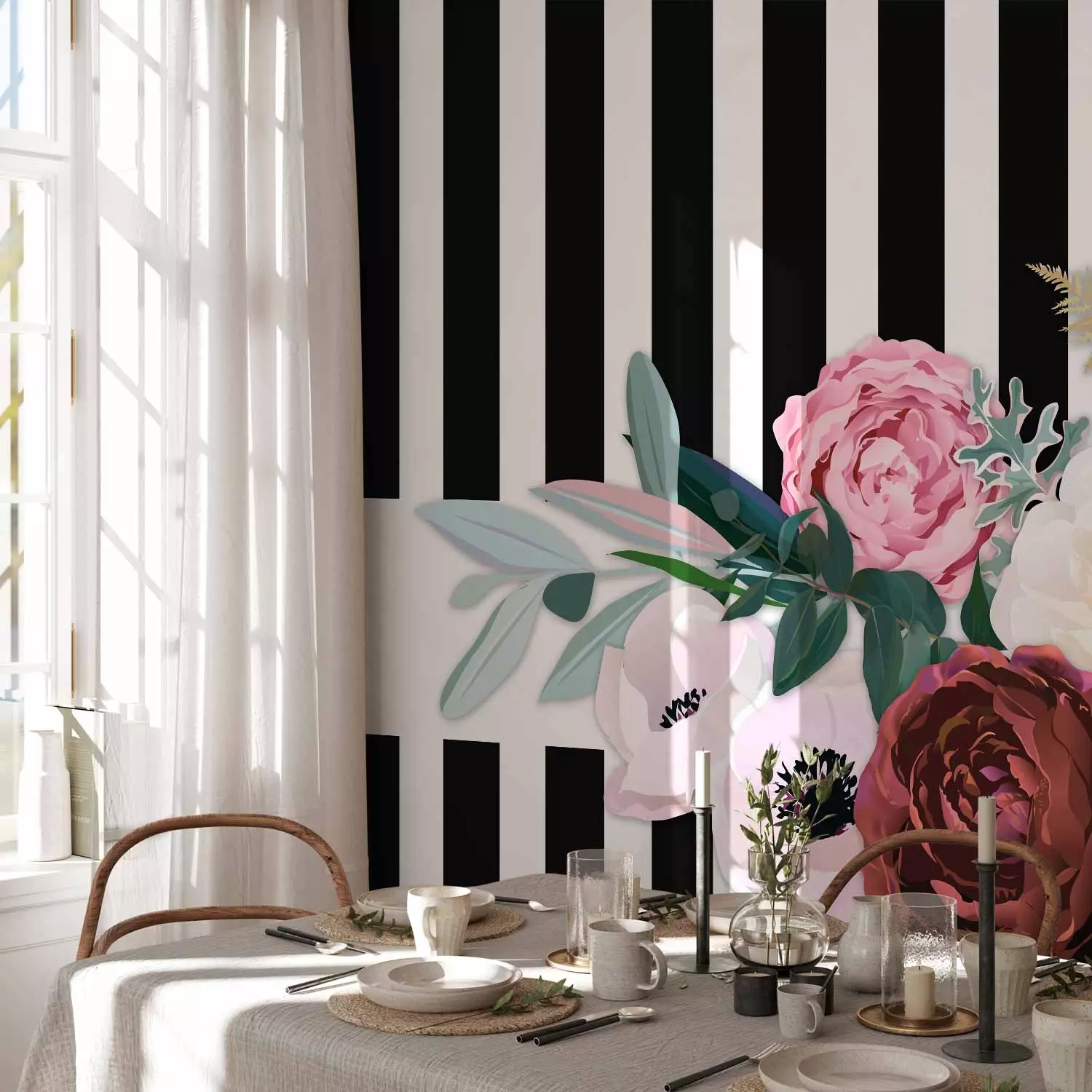 Photo Wallpaper Good pass - motif of pink flowers on a background of black and white stripes