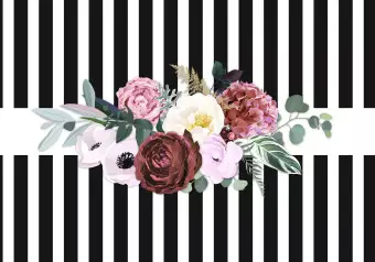 Photo Wallpaper Good pass - motif of pink flowers on a background of black and white stripes Wallpaper Cropper
