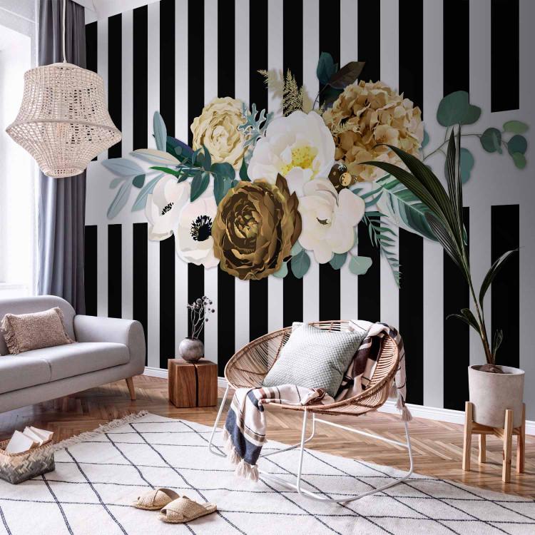 Wall Mural Good pass - flowers in brown tones on a background of black and white stripes