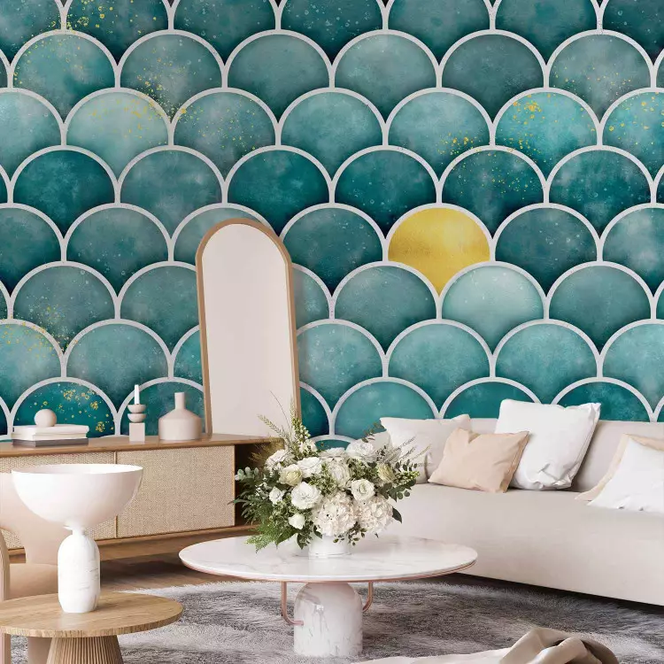 Wall Mural Golden scales - geometric pattern in turquoise with white elements