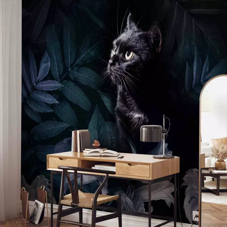 Animal motif - black cat surrounded by blue leaves and flowers