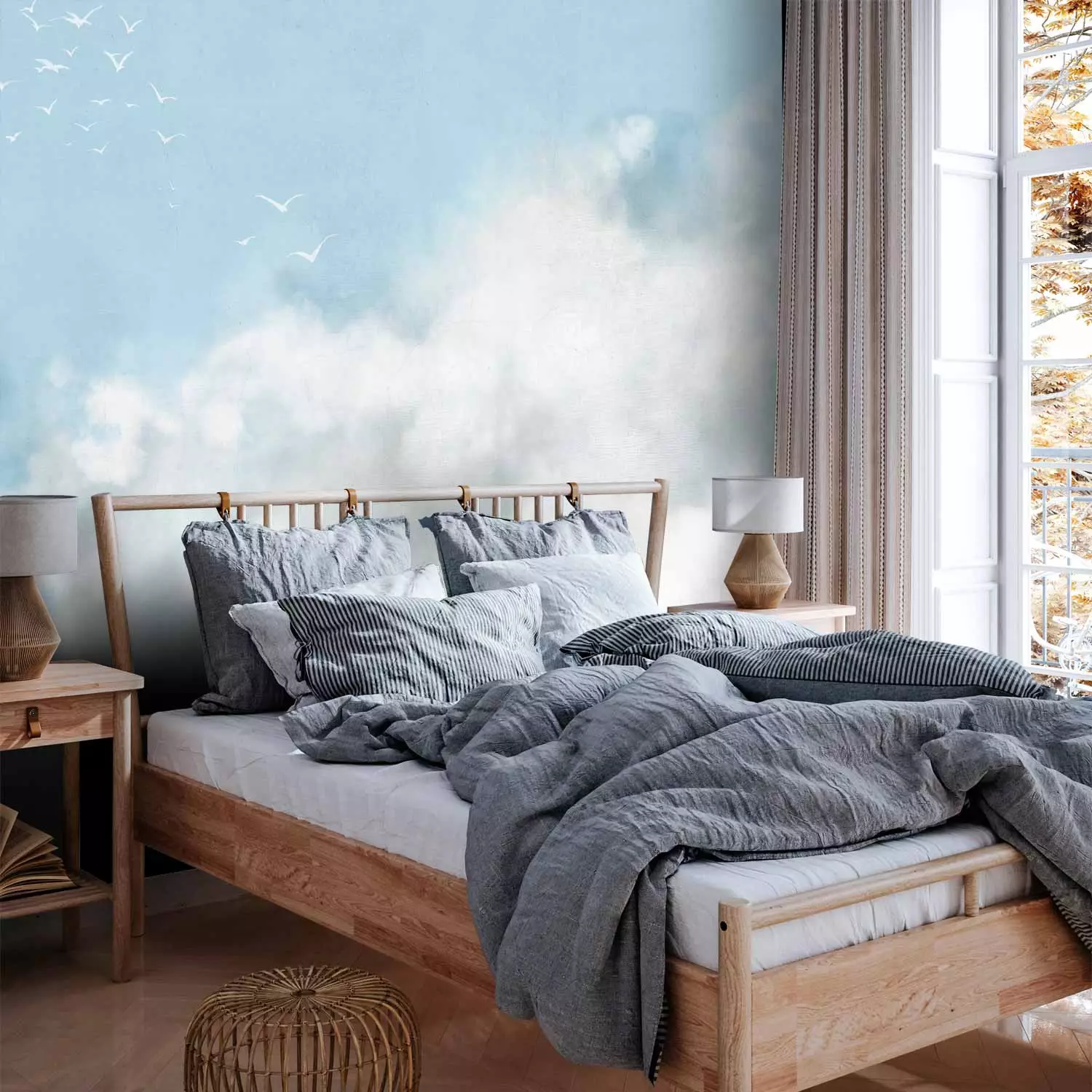 Wall Mural Blue sky - delicate landscape with white birds and clouds motif