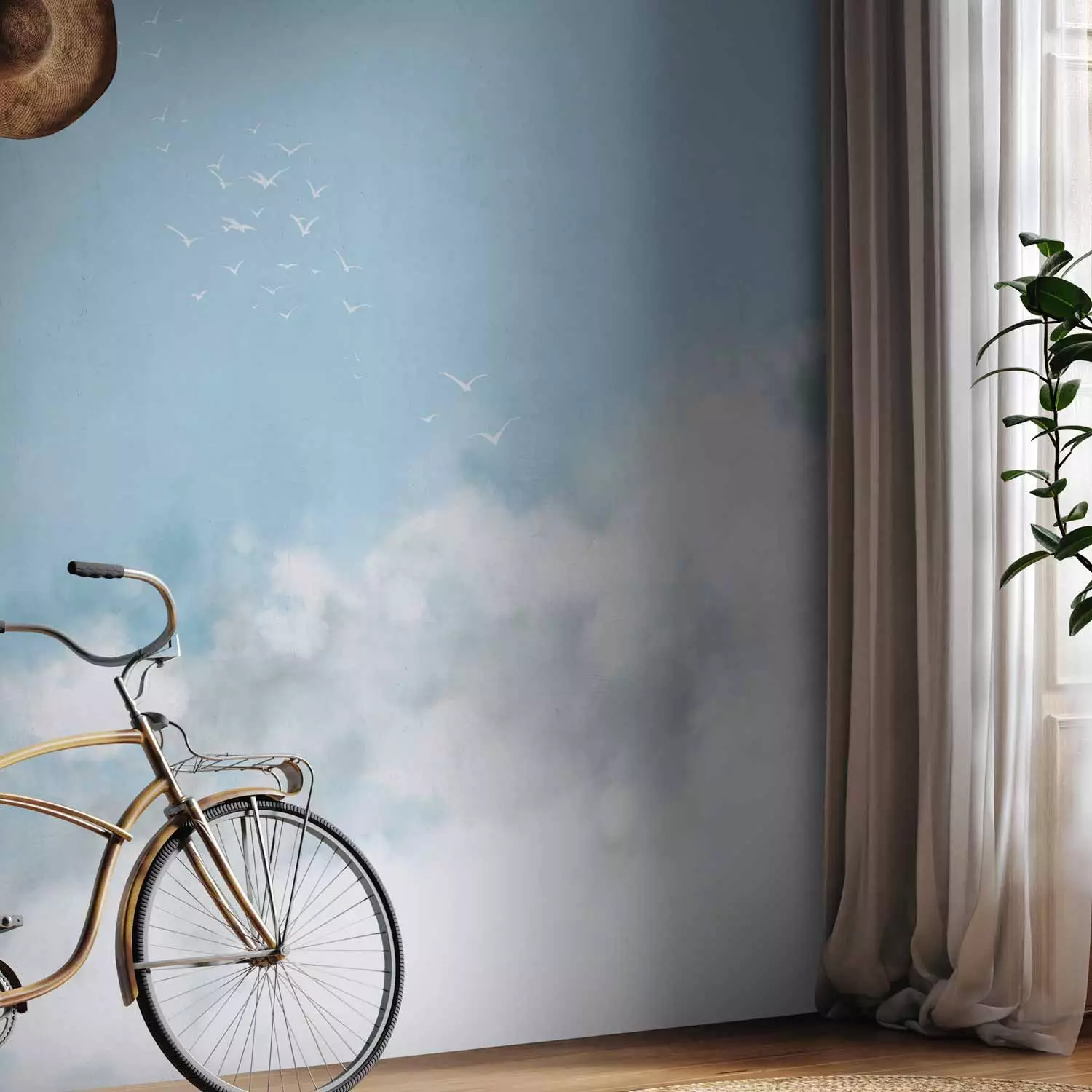 Wall Mural Blue sky - delicate landscape with white birds and clouds motif