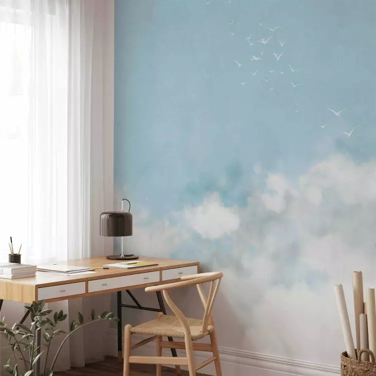 Blue sky - delicate landscape with white birds and clouds motif