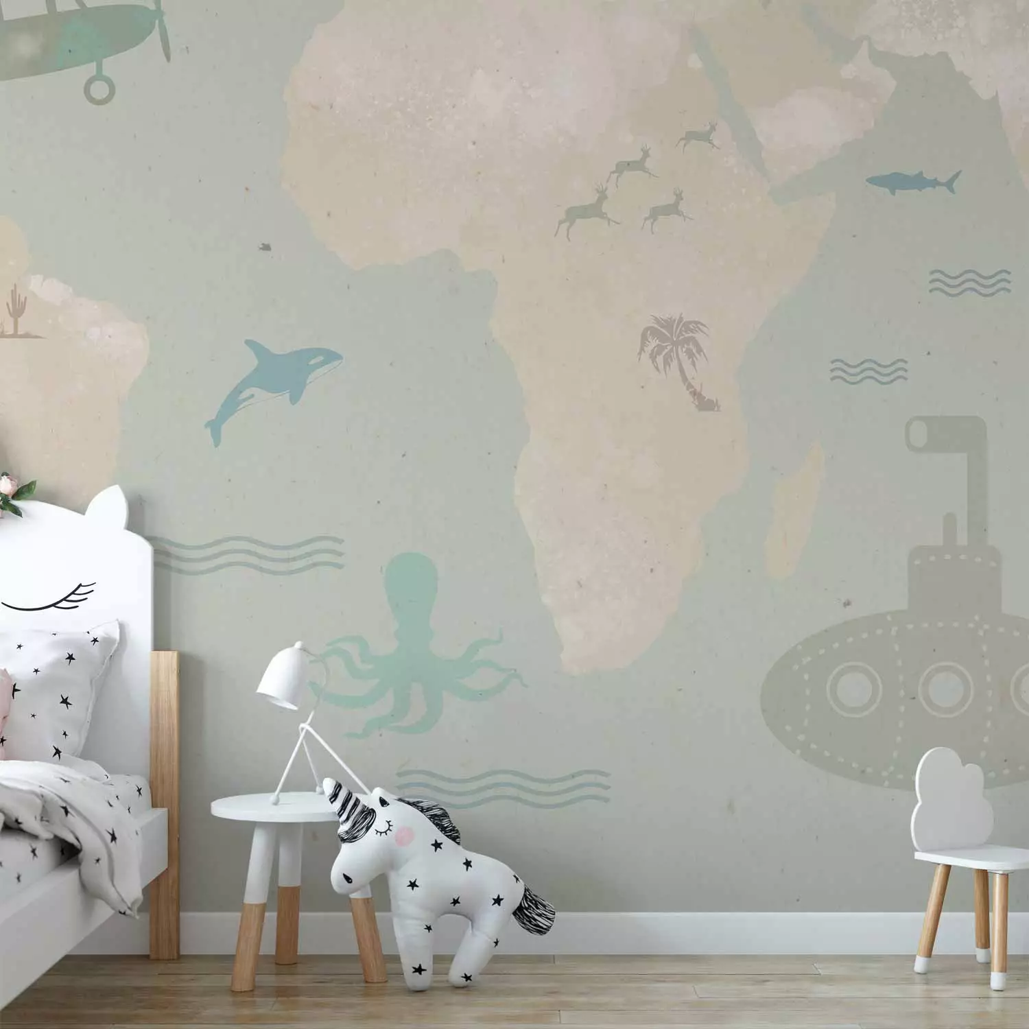 Wall Mural Children's map - fabulous planes and animals on a background of a map of the continents