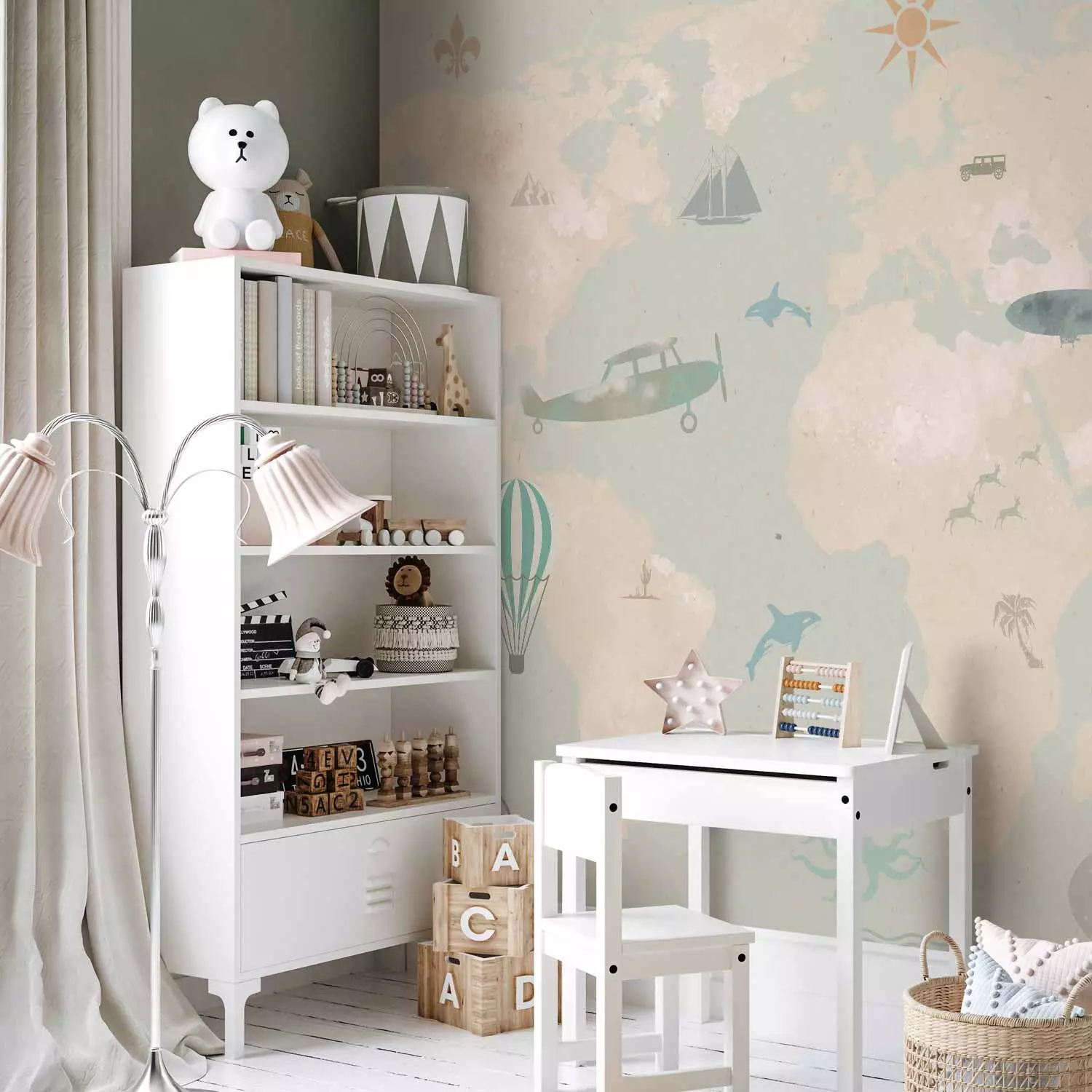 Wall Mural Children's map - fabulous planes and animals on a background of a map of the continents