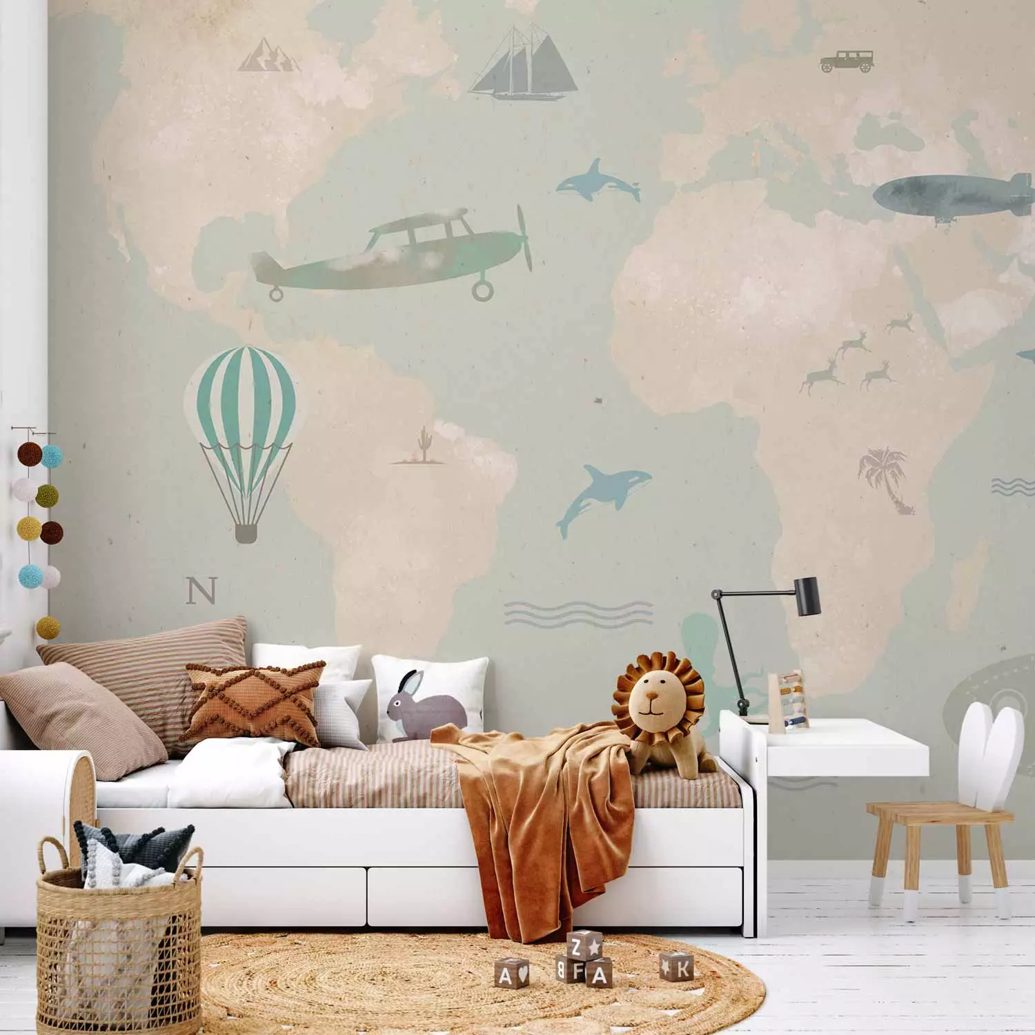 Wall Mural Children's map - fabulous planes and animals on a background of a map of the continents