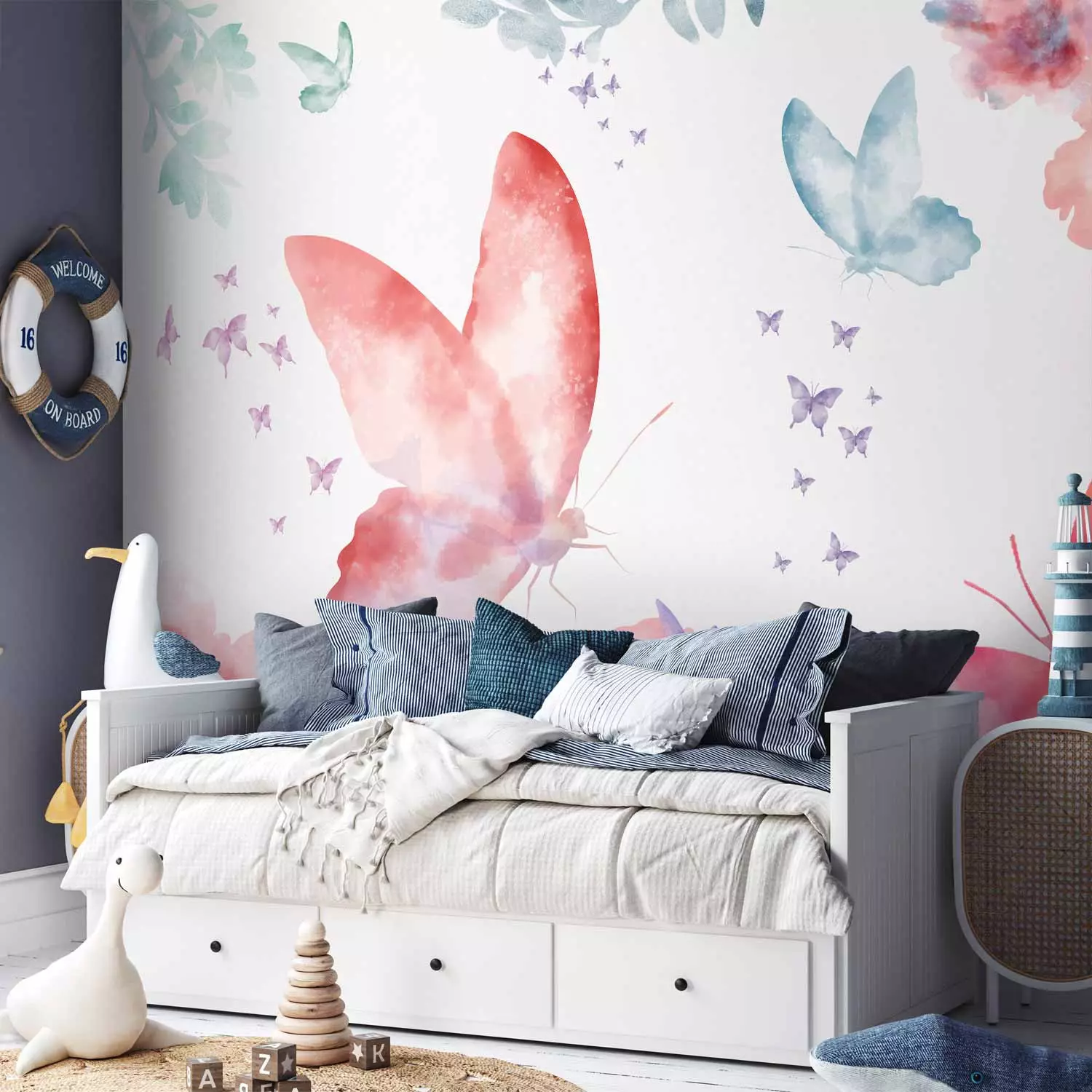 Wall Mural Garden - colourful composition of flowers and butterflies on a solid background in white