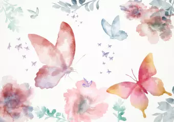 Wall Mural Garden - colourful composition of flowers and butterflies on a solid background in white Wallpaper Cropper
