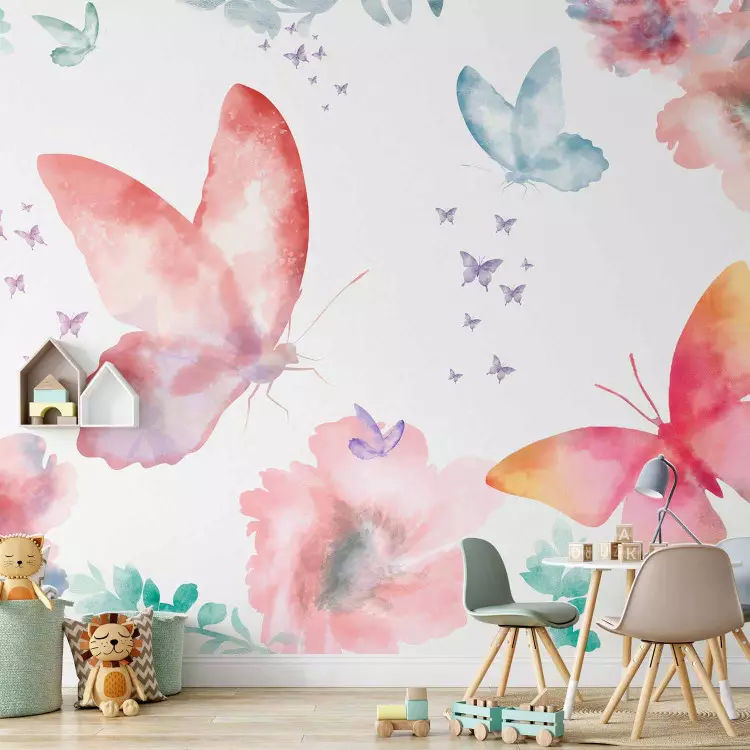 Garden - colourful composition of flowers and butterflies on a solid background in white