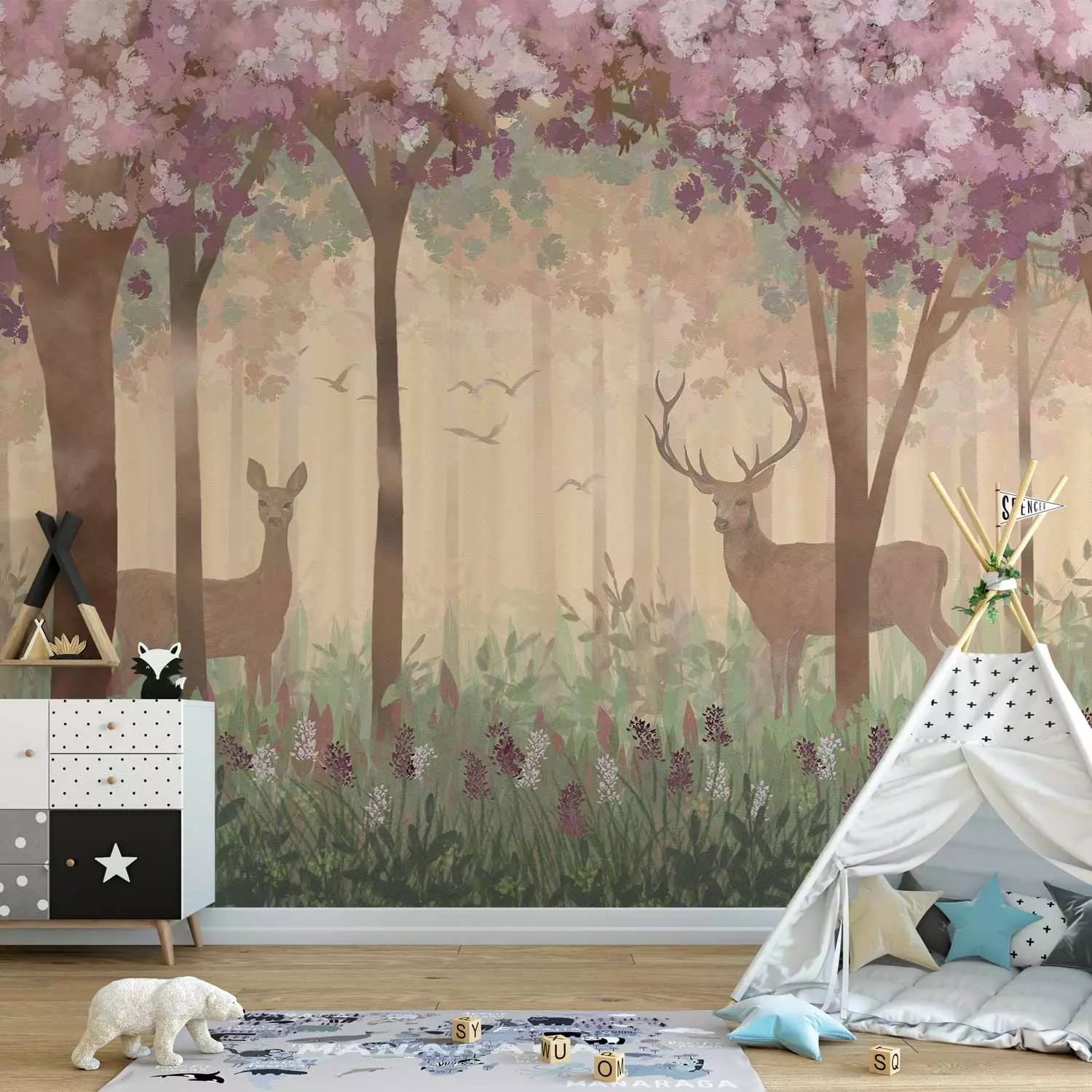 Photo Wallpaper Landscape for children - wild animals motif on a fairy tale forest background