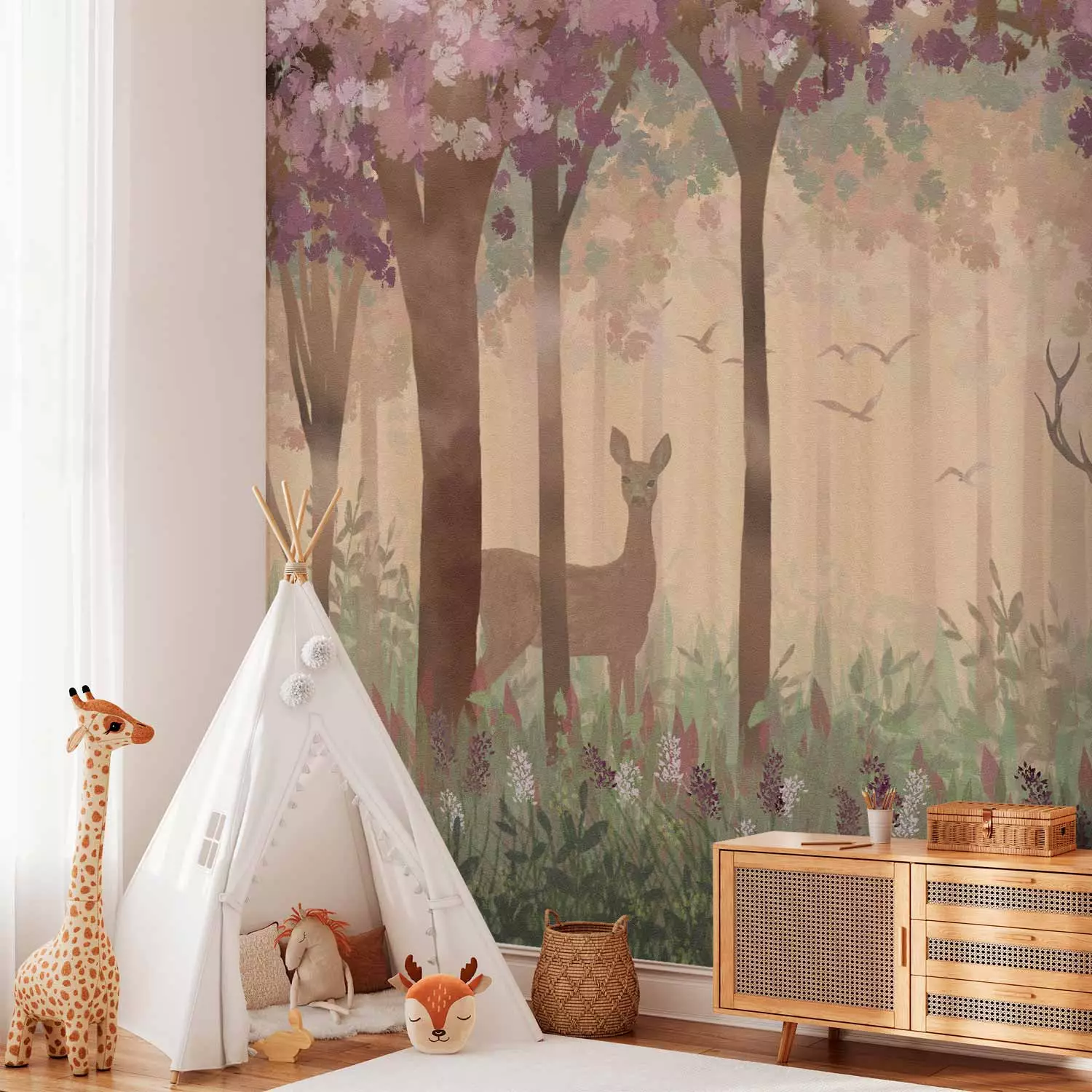 Photo Wallpaper Landscape for children - wild animals motif on a fairy tale forest background