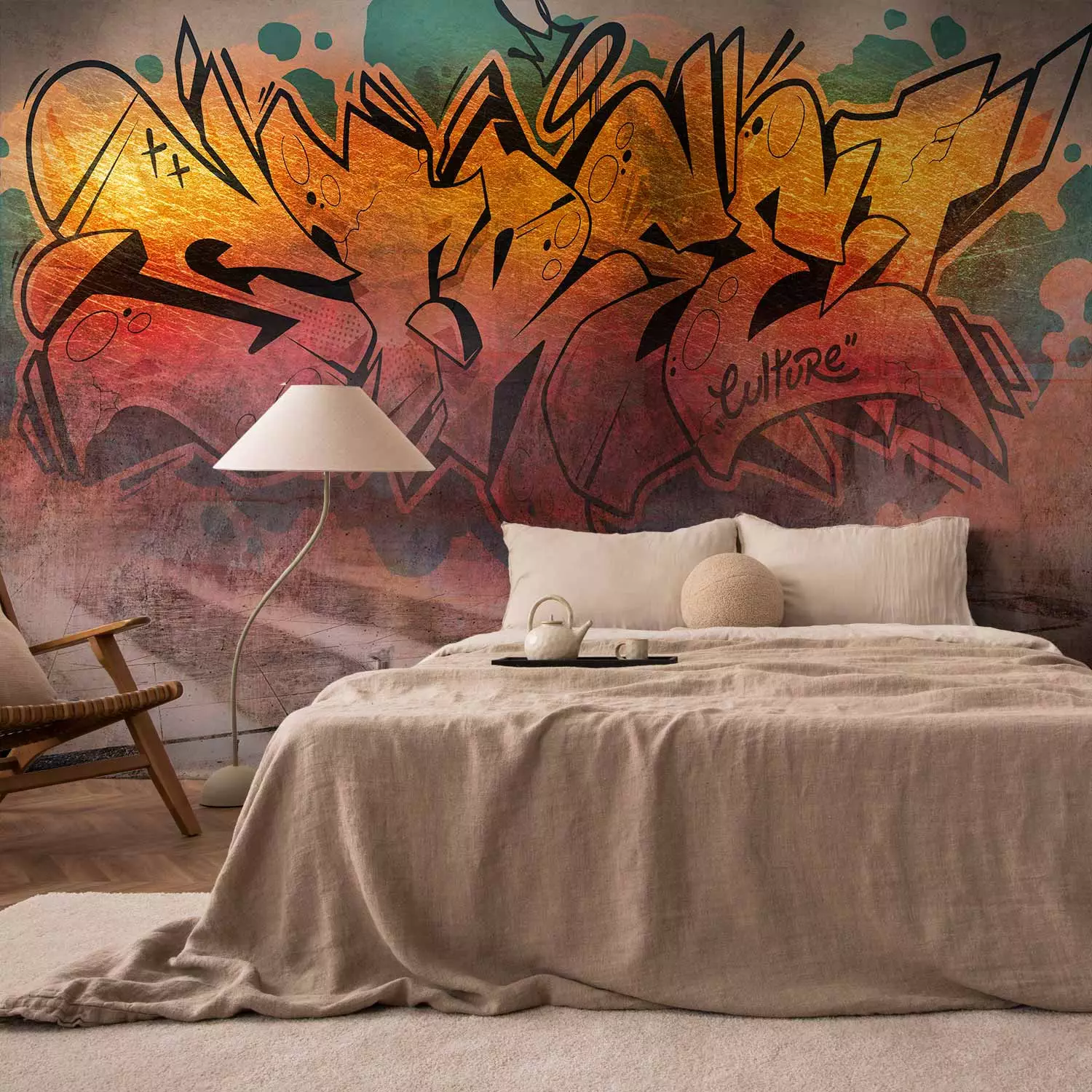 Photo Wallpaper Street art - urban graffiti with large lettering in sunny colours