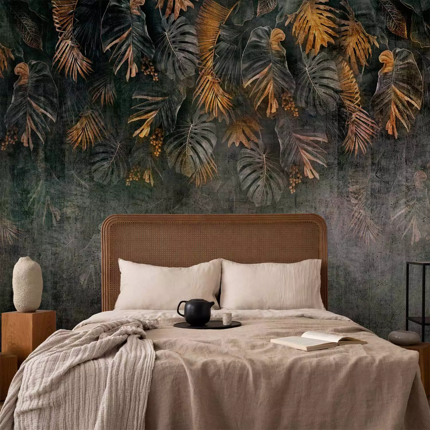 Wall Mural Gilded nature - landscape with tropical leaves on a non-uniform background
