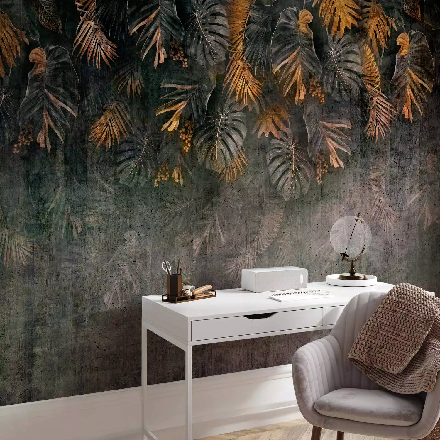 Wall Mural Gilded nature - landscape with tropical leaves on a non-uniform background