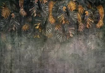 Wall Mural Gilded nature - landscape with tropical leaves on a non-uniform background Wallpaper Cropper