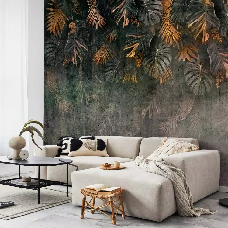 Gilded nature - landscape with tropical leaves on a non-uniform background