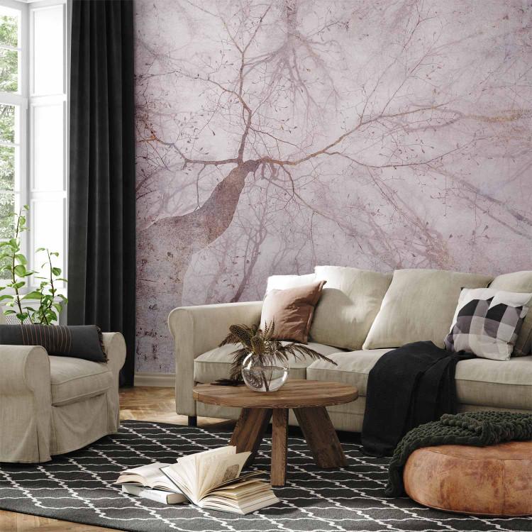 Wall Mural Mist - treetop landscape in shades of pink with gold elements