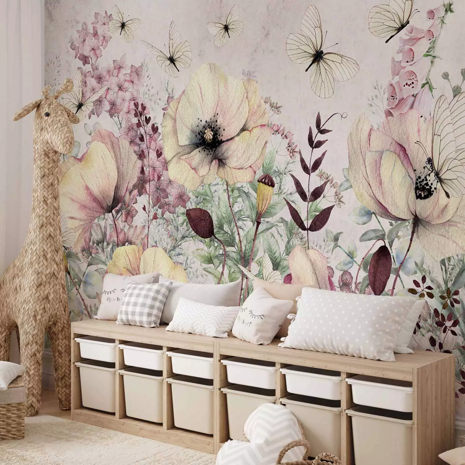 Photo Wallpaper Enchanted meadow - landscape with a motif of flowers and butterflies on a light background