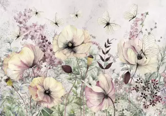 Photo Wallpaper Enchanted meadow - landscape with a motif of flowers and butterflies on a light background Wallpaper Cropper