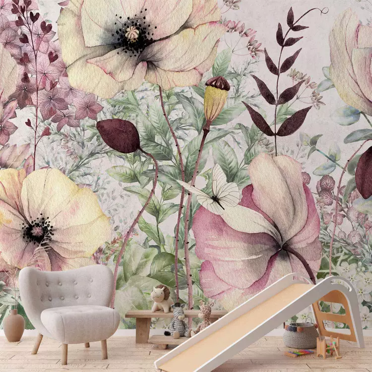 Enchanted meadow - landscape with a motif of flowers and butterflies on a light background