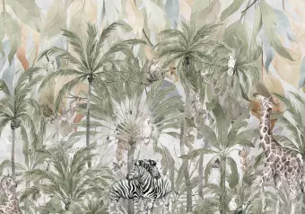 Wall Mural Children's landscape - jungle with exotic animals and plants Wallpaper Cropper
