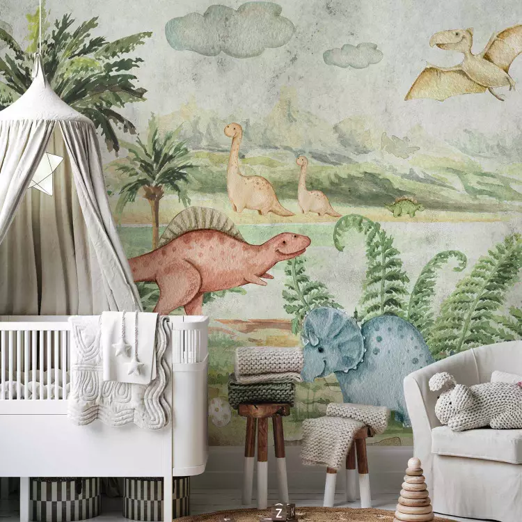 Children's landscape - picturesque landscape with colourful dinosaurs