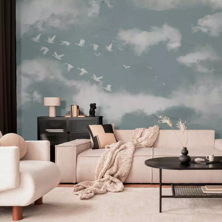 Geese in the clouds - landscape with a blue sky and a motif of white birds