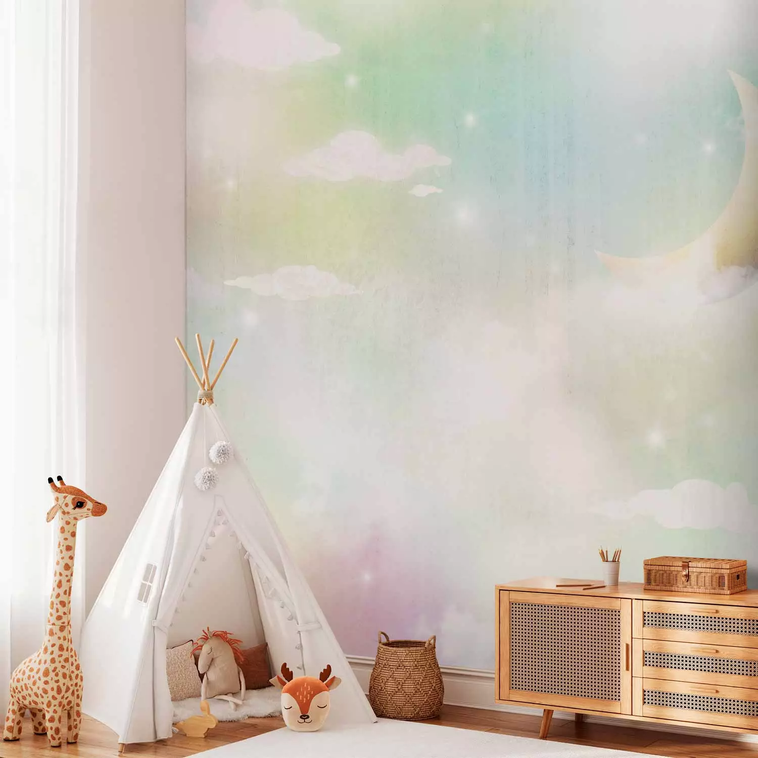 Wall Mural Children's landscape - clouds and moon in the sky in colourful shades