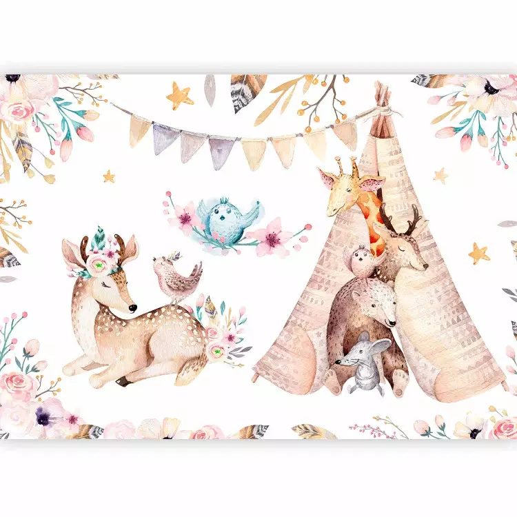 Fairytale friends - colourful animals and flowers on a solid background