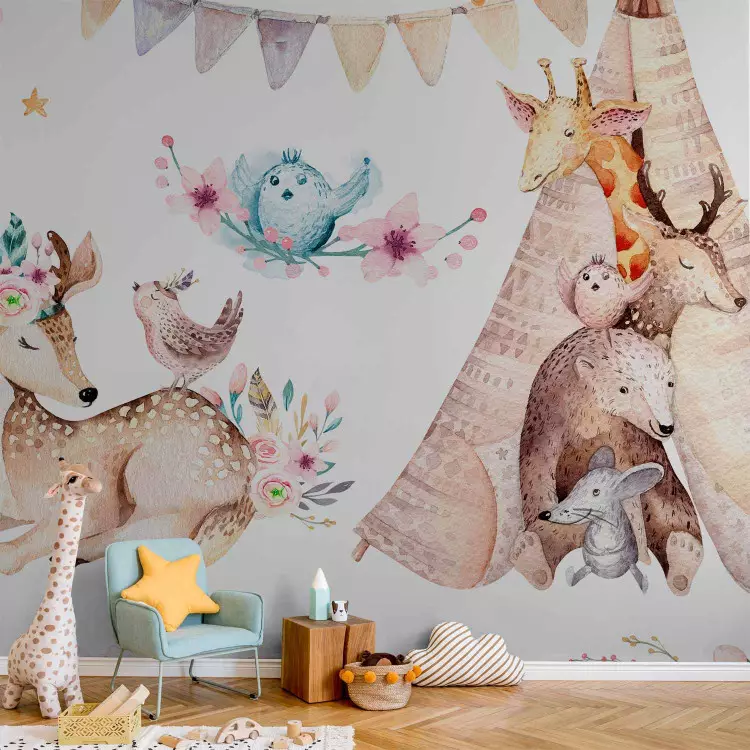 Fairytale friends - colourful animals and flowers on a solid background