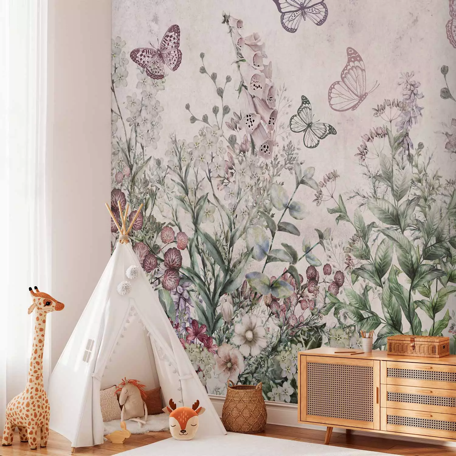 Wall Mural Winged meadow - landscape with plants and butterflies in shades of pink