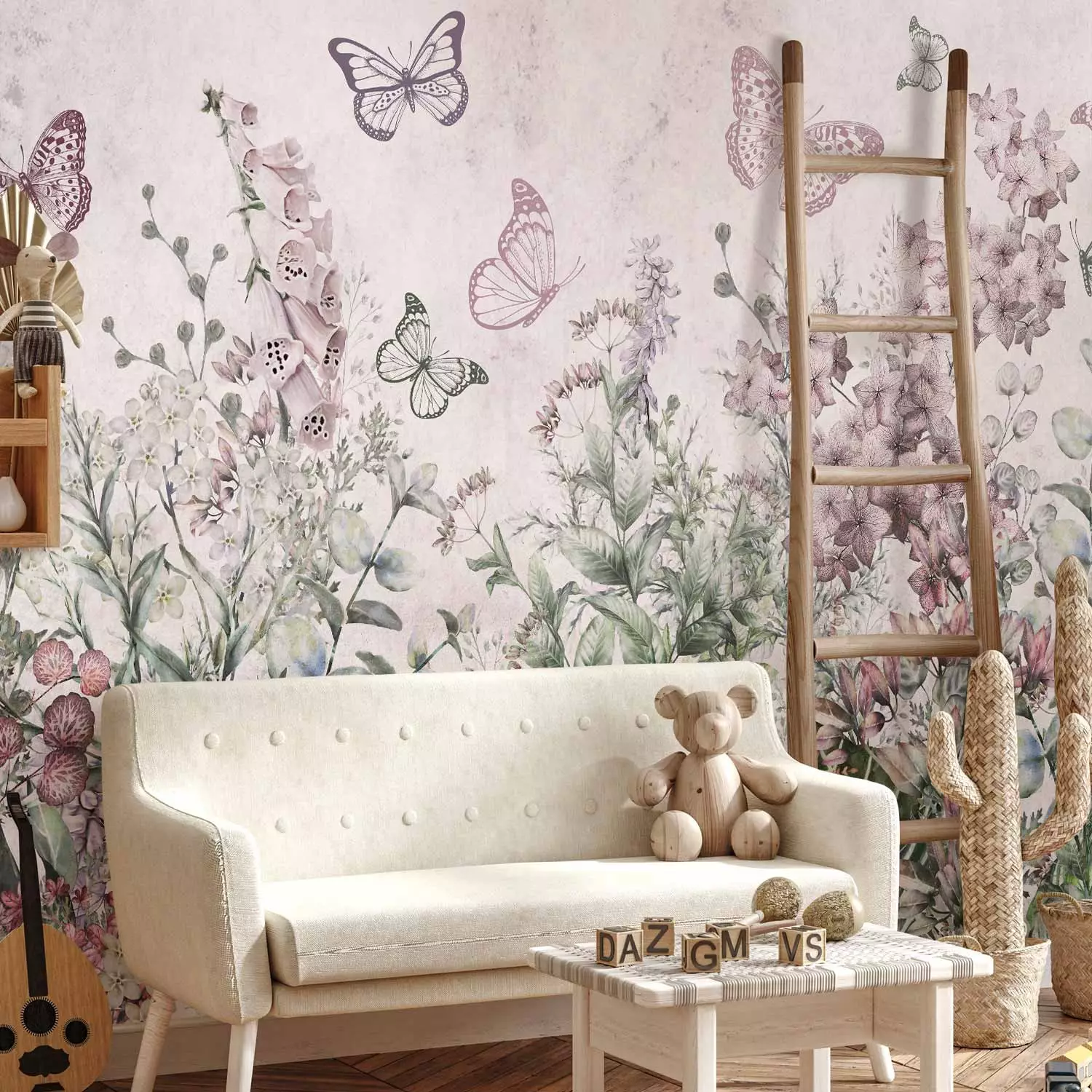 Wall Mural Winged meadow - landscape with plants and butterflies in shades of pink