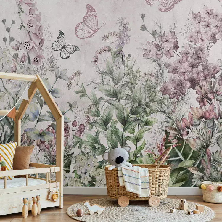 Winged meadow - landscape with plants and butterflies in shades of pink