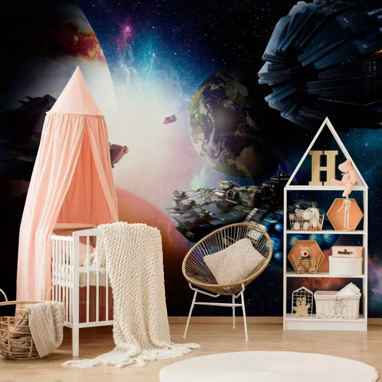 Children's landscape - cosmos motif with planets and spaceships