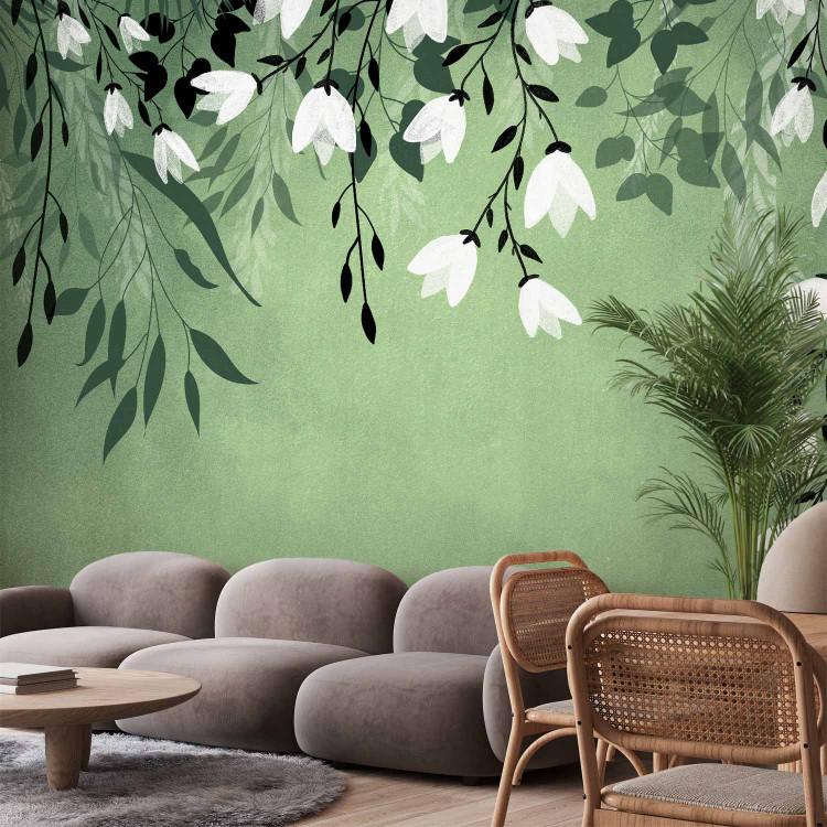 Wall Mural Green energy - landscape with a loose composition of leaves and white flowers