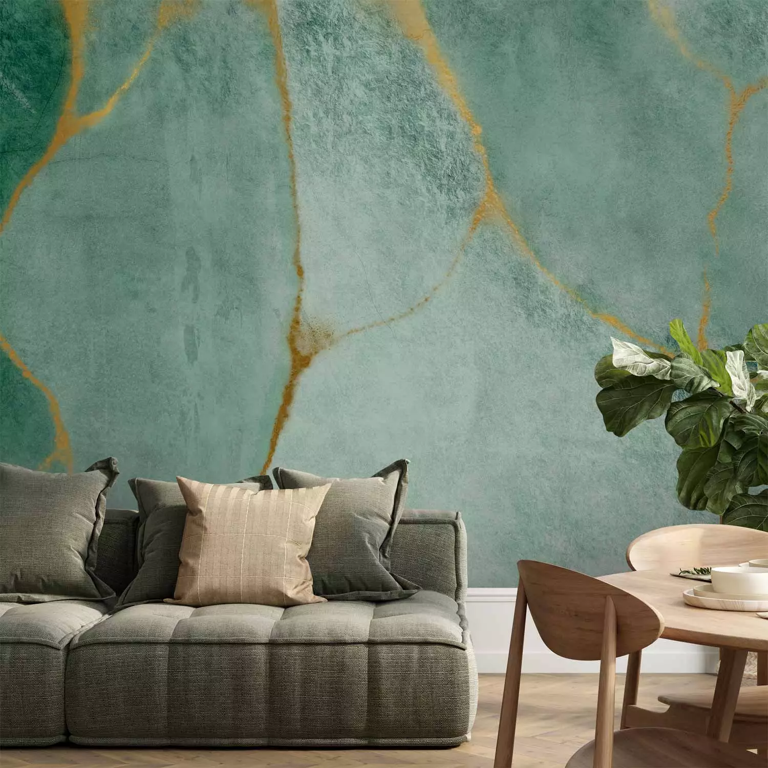 Wall Mural Delicate malachite - background with turquoise abstraction and gold elements