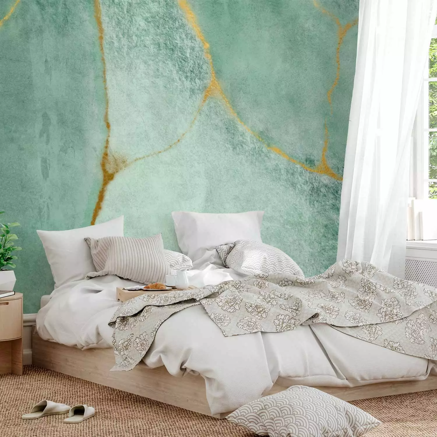 Wall Mural Delicate malachite - background with turquoise abstraction and gold elements