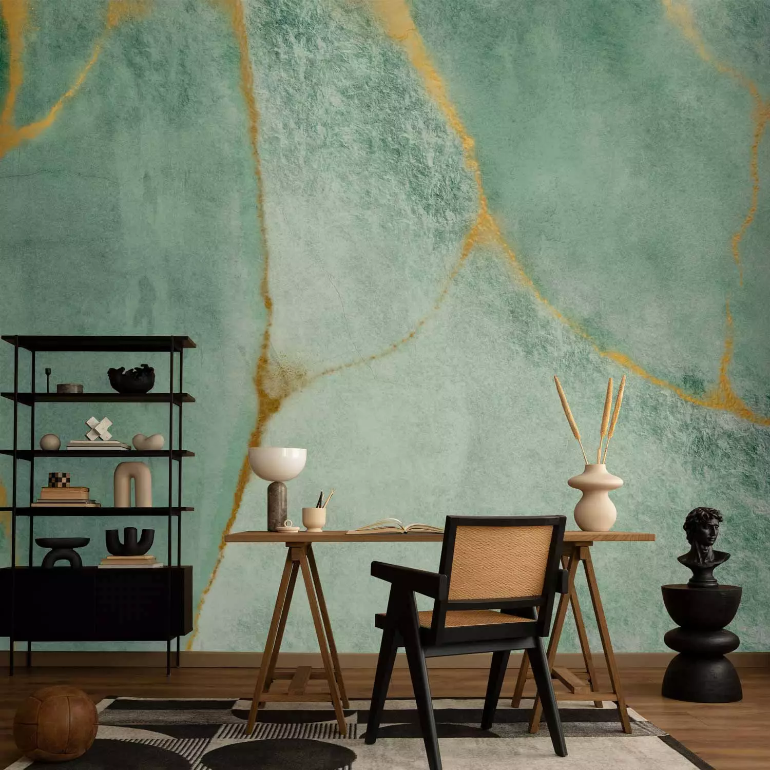 Wall Mural Delicate malachite - background with turquoise abstraction and gold elements