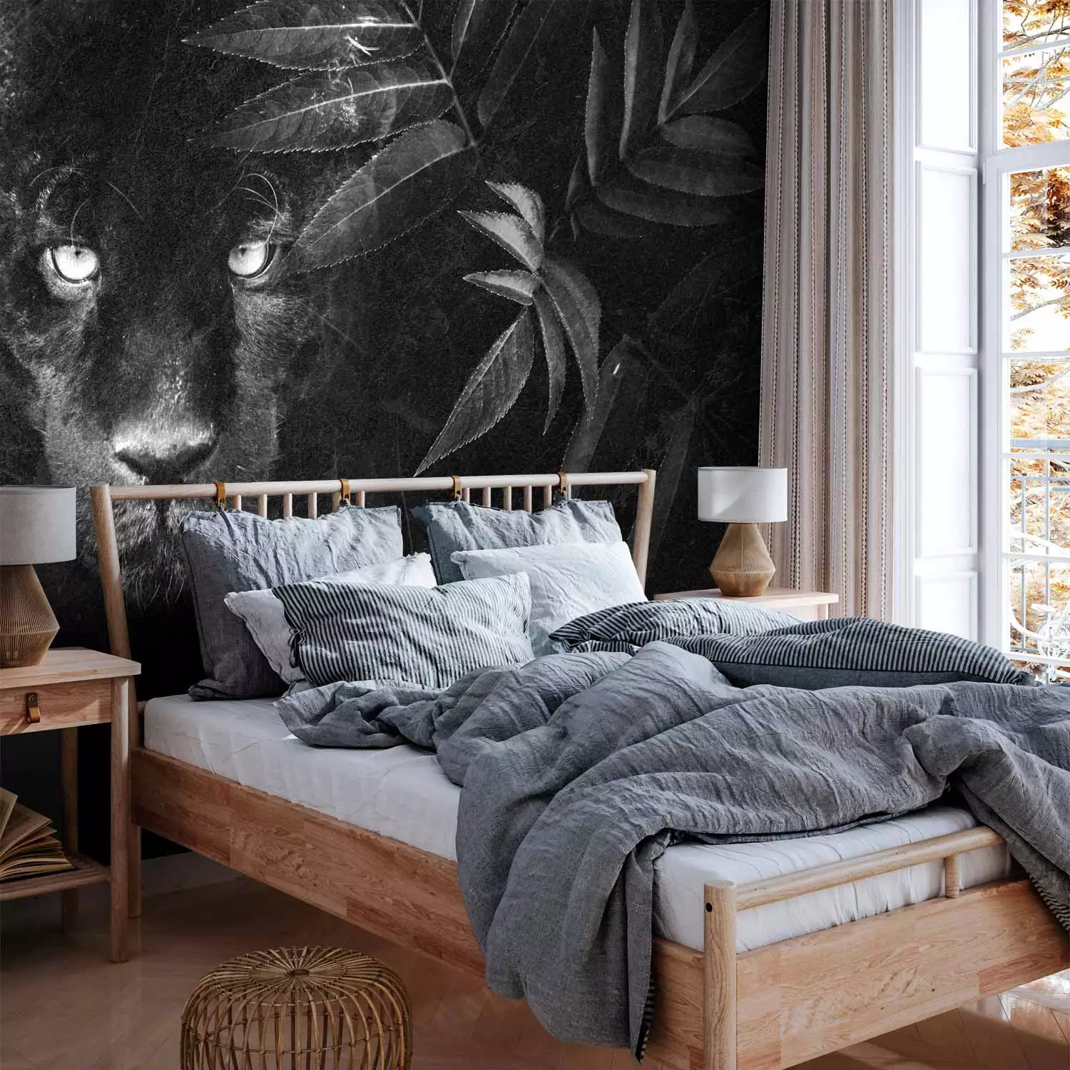 Photo Wallpaper Crouching black panther - animal motif with jungle elements