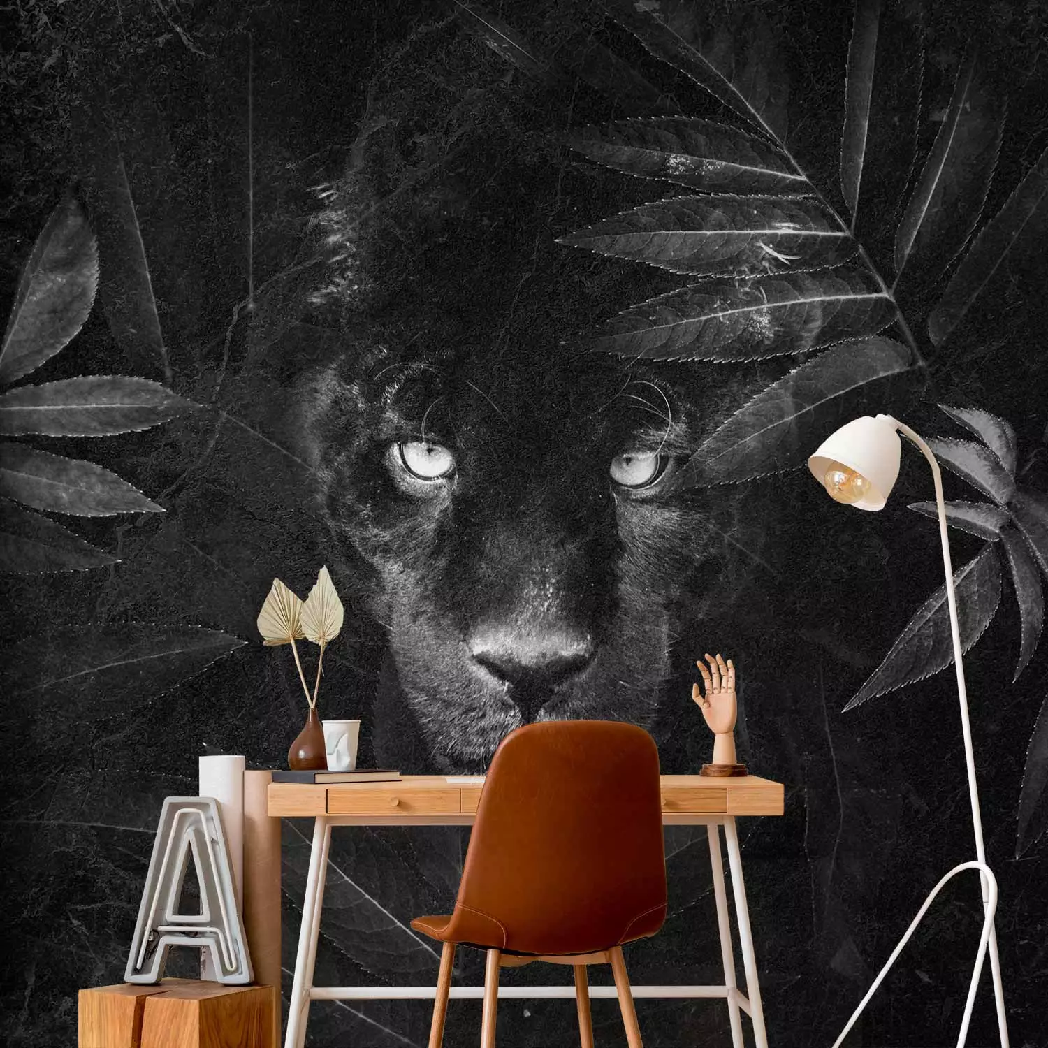 Photo Wallpaper Crouching black panther - animal motif with jungle elements
